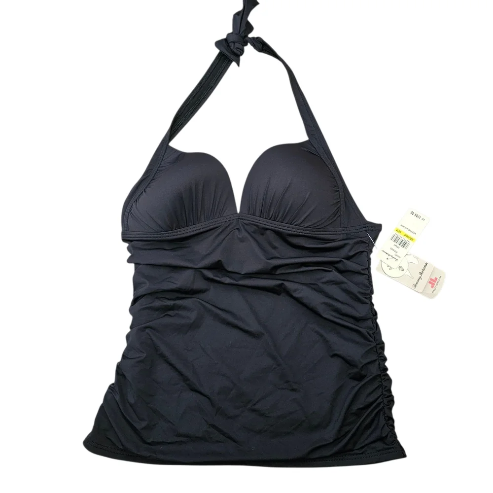 Tommy Bahama‎ Pearl Solids Pleated Cup Halter Long Tankini Swim Top Black M New